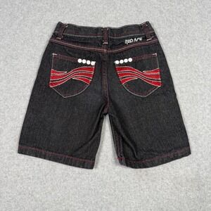 Red Ape Boys Denim Shorts Size 6 Dark Wash Red Contrast Stitch Embroidered Y2K